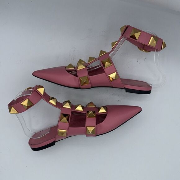 Valentino Roman Stud Leather Ankle Strap Flat Pink IT 37/ US 7 - Picture 7 of 14